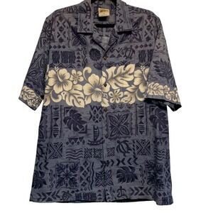 Winnie Fashion Hawaiian Shirt Mens XL Blue Tribal Floral Hibiscus Made in Hawaii